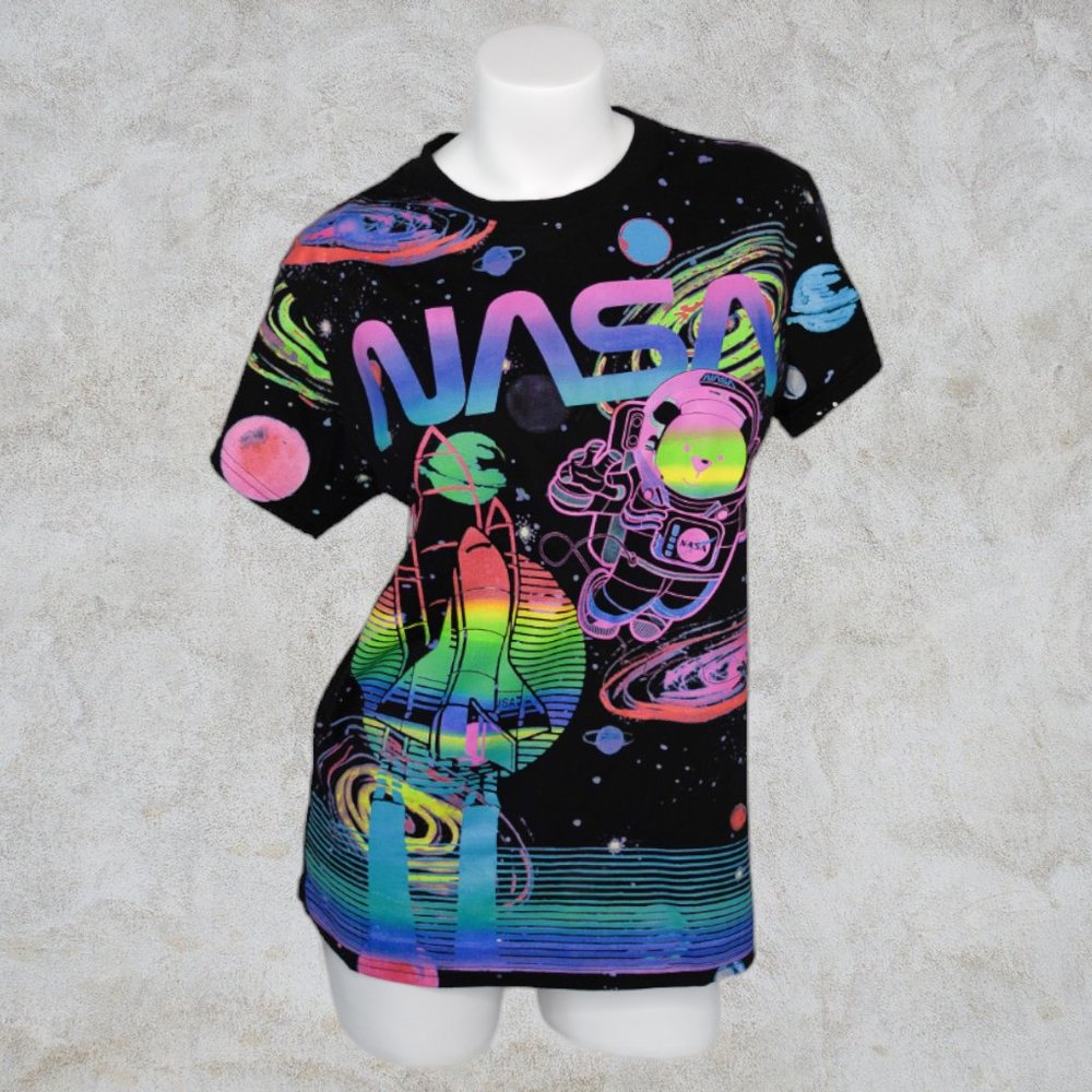 Neon NASA Floating Astronaut Teddy Bear Rainbow Rocket Ship Black T-Shirt
